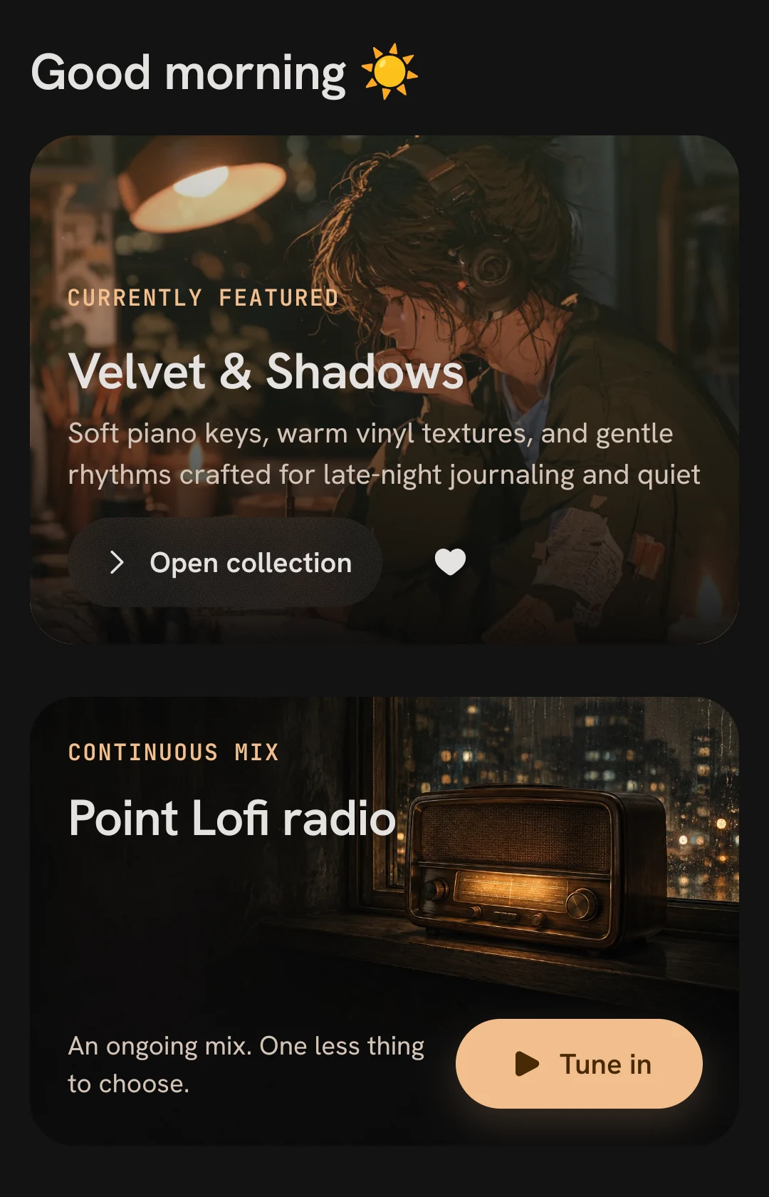 Point Lofi Home, featuring the Velvet & Shadows collection and Point Lofi radio