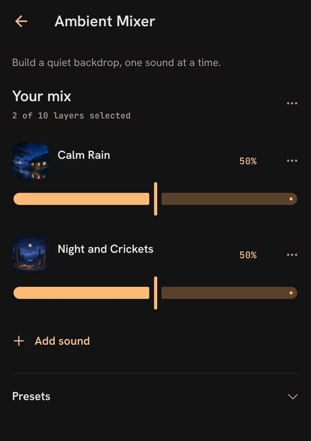 Point Lofi Ambient Mixer with Calm Rain and Night and Crickets, each set to 50 percent