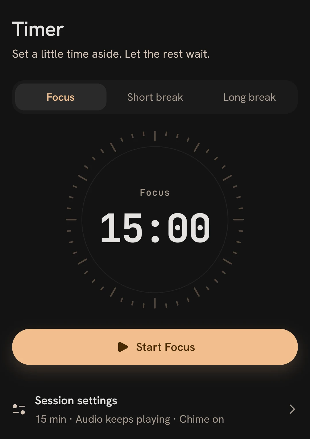 Point Lofi Timer set to a 15-minute focus session, with short and long breaks and session settings