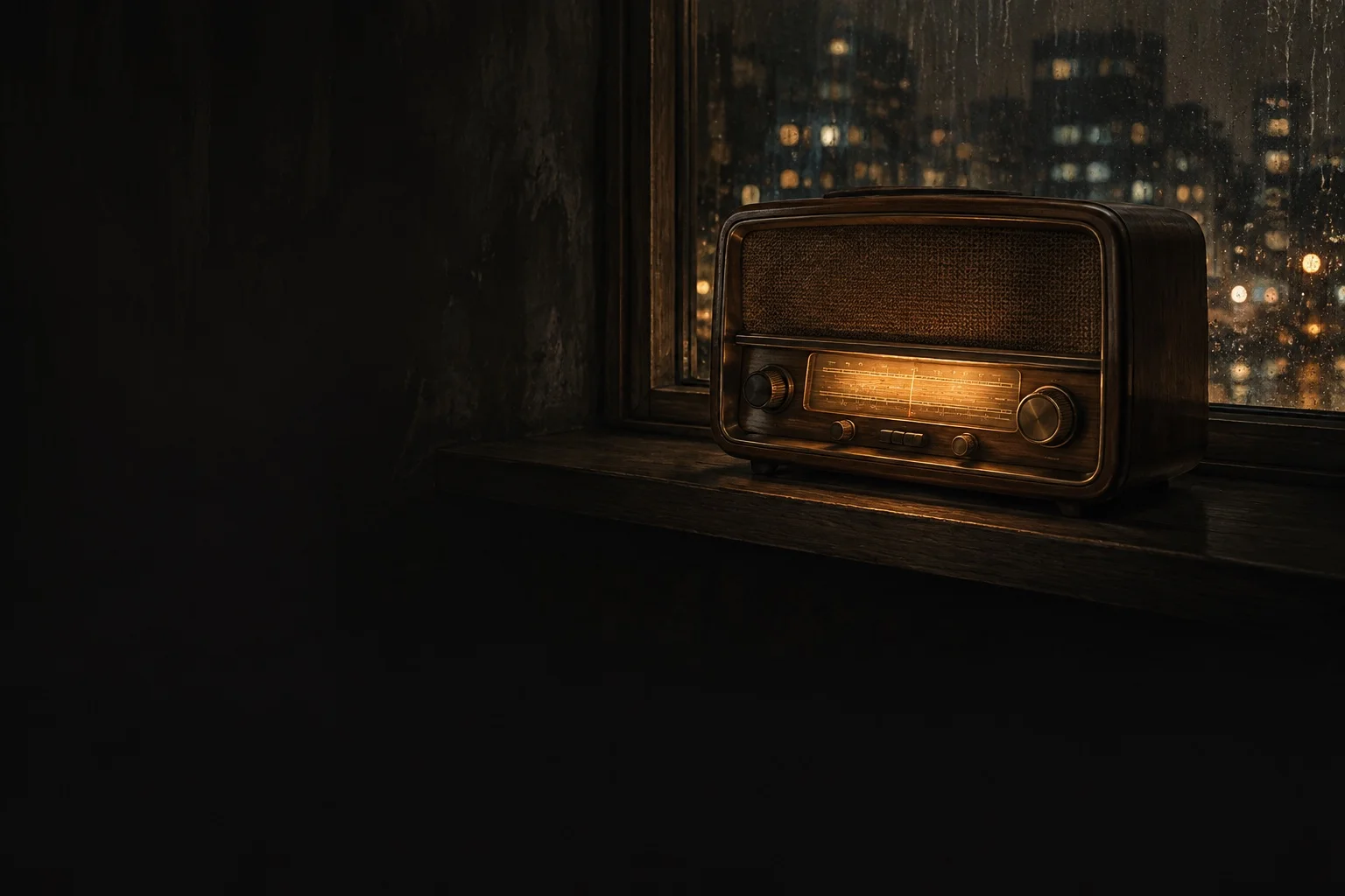 A glowing vintage radio beside a rain-streaked window at night